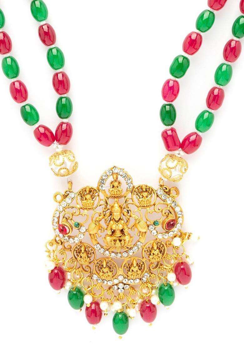 18k Gold-Plated Artificial Stones Studded and Beaded Temple Statement Necklace for Women | Traditional Temple Jewellery for Wedding & Festive Wear | Gift for Her - Indya