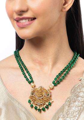 18k Gold-Plated Artificial Stones Studded and Beaded Temple Statement Necklace for Women | Traditional Temple Jewellery for Wedding & Festive Wear | Gift for Her