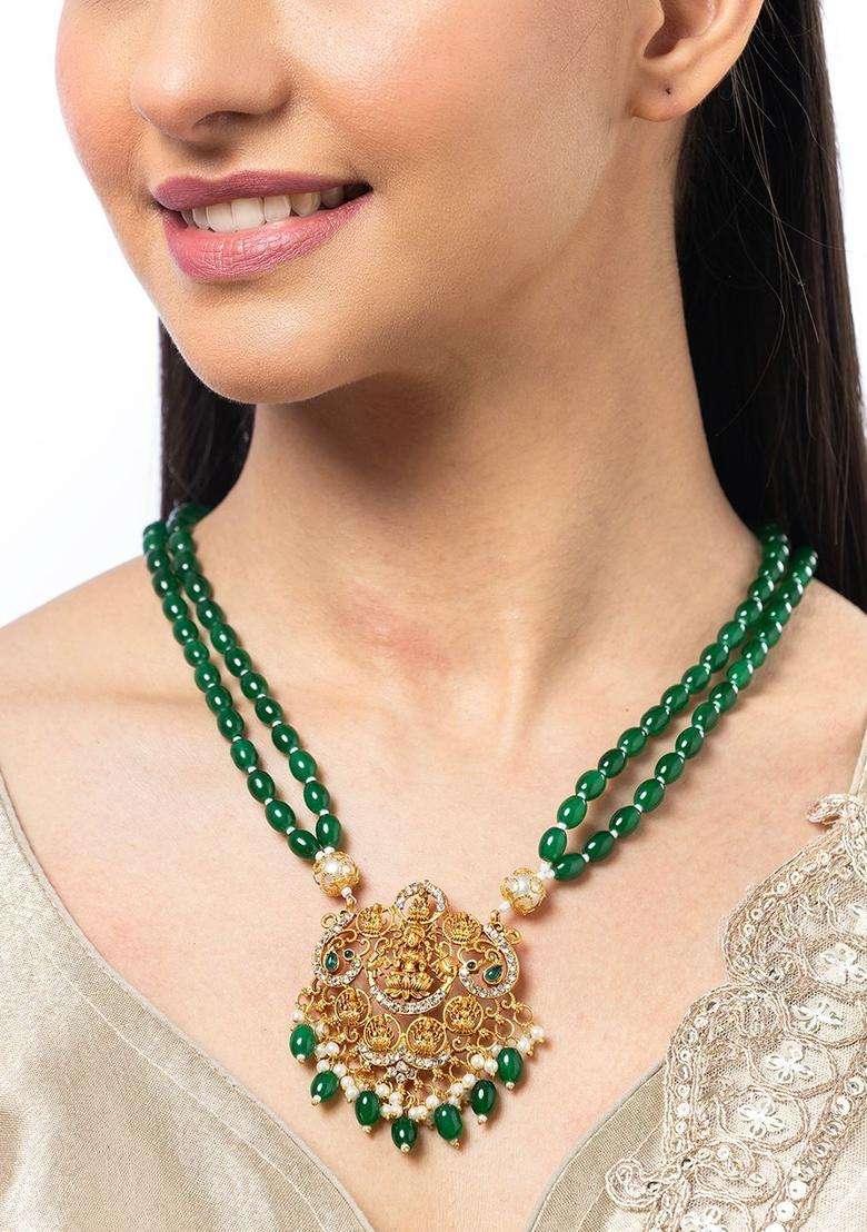 18k Gold-Plated Artificial Stones Studded and Beaded Temple Statement Necklace for Women | Traditional Temple Jewellery for Wedding & Festive Wear | Gift for Her - Indya