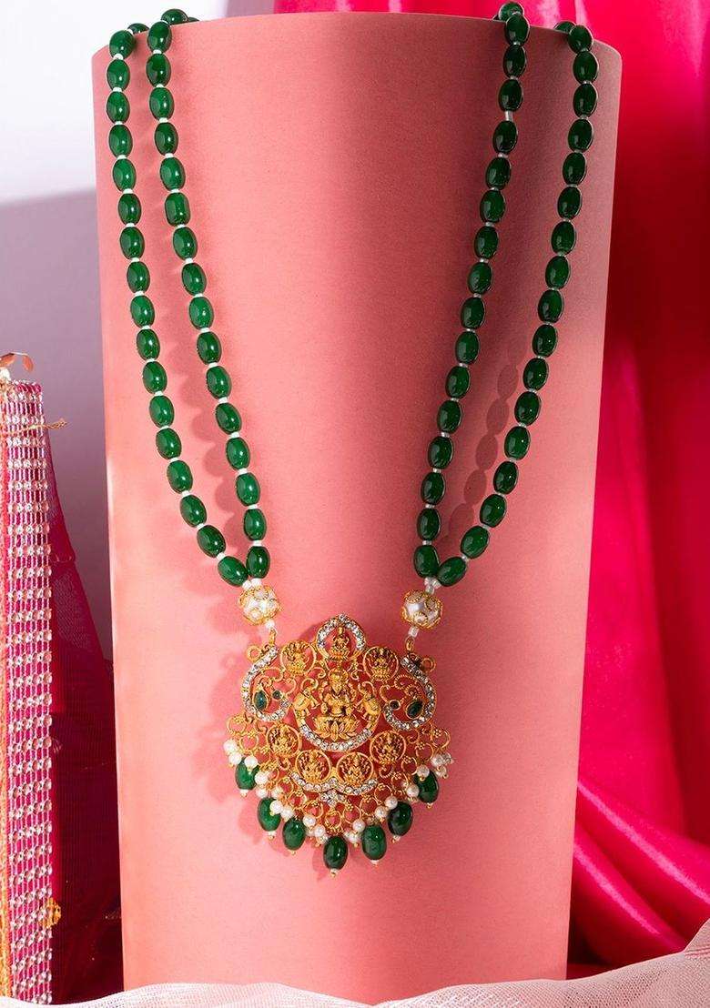 18k Gold-Plated Artificial Stones Studded and Beaded Temple Statement Necklace for Women | Traditional Temple Jewellery for Wedding & Festive Wear | Gift for Her - Indya