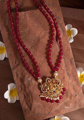 18k Gold-Plated Artificial Stones Studded and Beaded Temple Statement Necklace for Women | Traditional Temple Jewellery for Wedding & Festive Wear | Gift for Her