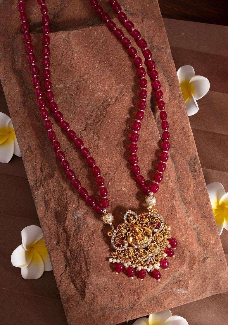 18k Gold-Plated Artificial Stones Studded and Beaded Temple Statement Necklace for Women | Traditional Temple Jewellery for Wedding & Festive Wear | Gift for Her - Indya
