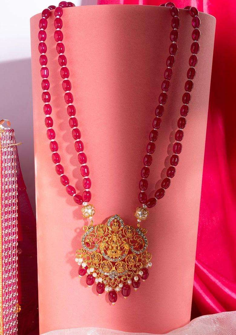 18k Gold-Plated Artificial Stones Studded and Beaded Temple Statement Necklace for Women | Traditional Temple Jewellery for Wedding & Festive Wear | Gift for Her - Indya