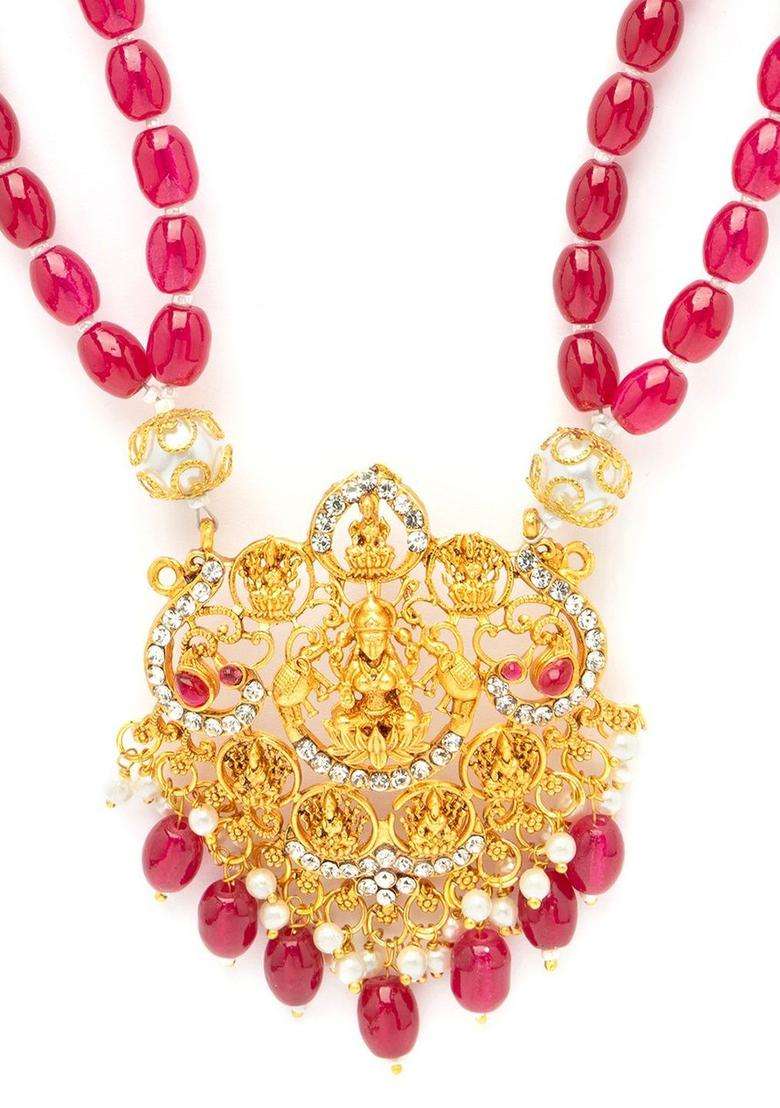 18k Gold-Plated Artificial Stones Studded and Beaded Temple Statement Necklace for Women | Traditional Temple Jewellery for Wedding & Festive Wear | Gift for Her - Indya