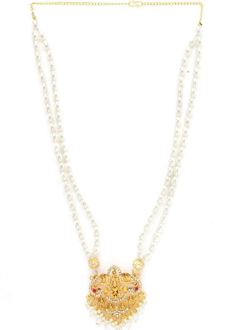 18k Gold-Plated Artificial Stones Studded & Pearls Beaded Temple Statement Necklace for Women | Traditional Temple Jewellery for Wedding & Festive Wear | Gift for Her - Indya
