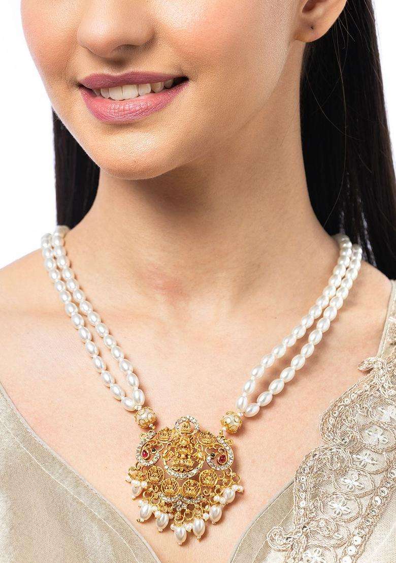 18k Gold-Plated Artificial Stones Studded & Pearls Beaded Temple Statement Necklace for Women | Traditional Temple Jewellery for Wedding & Festive Wear | Gift for Her - Indya