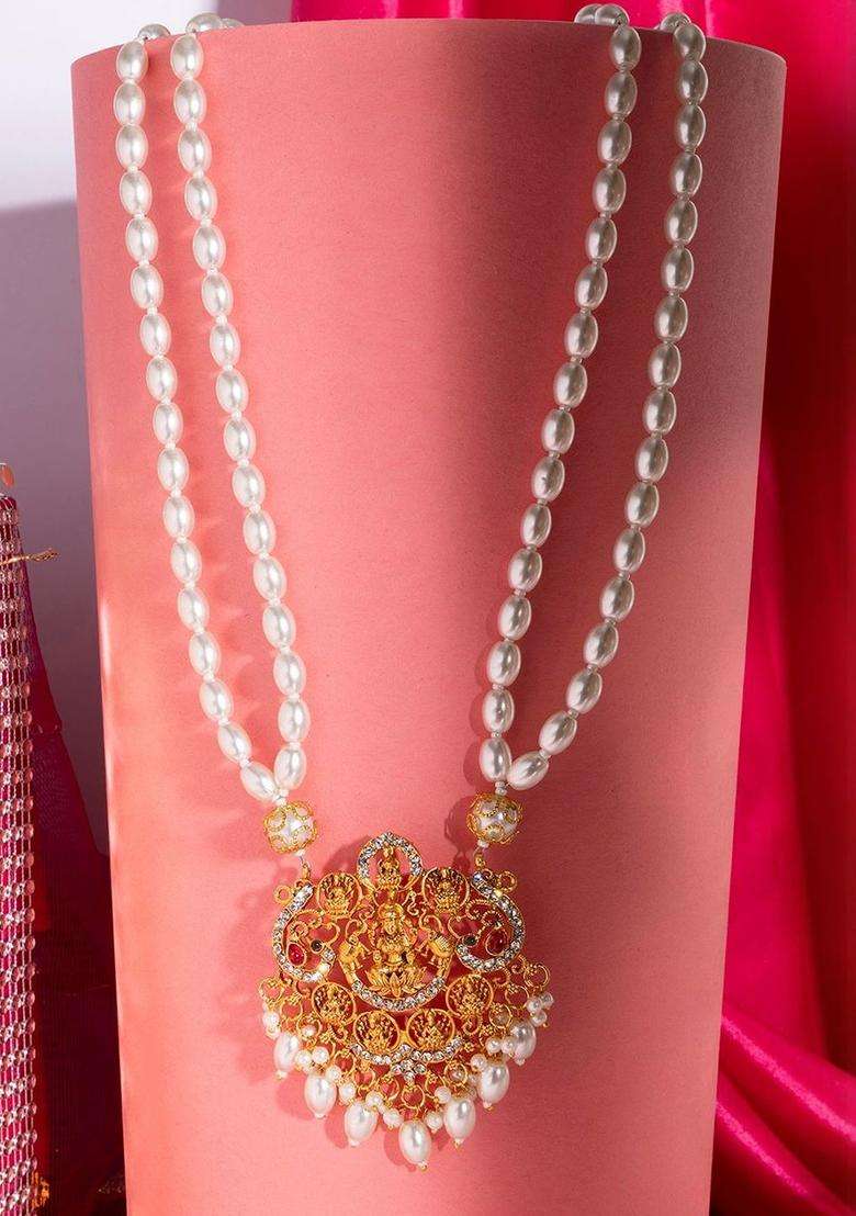 18k Gold-Plated Artificial Stones Studded & Pearls Beaded Temple Statement Necklace for Women | Traditional Temple Jewellery for Wedding & Festive Wear | Gift for Her - Indya
