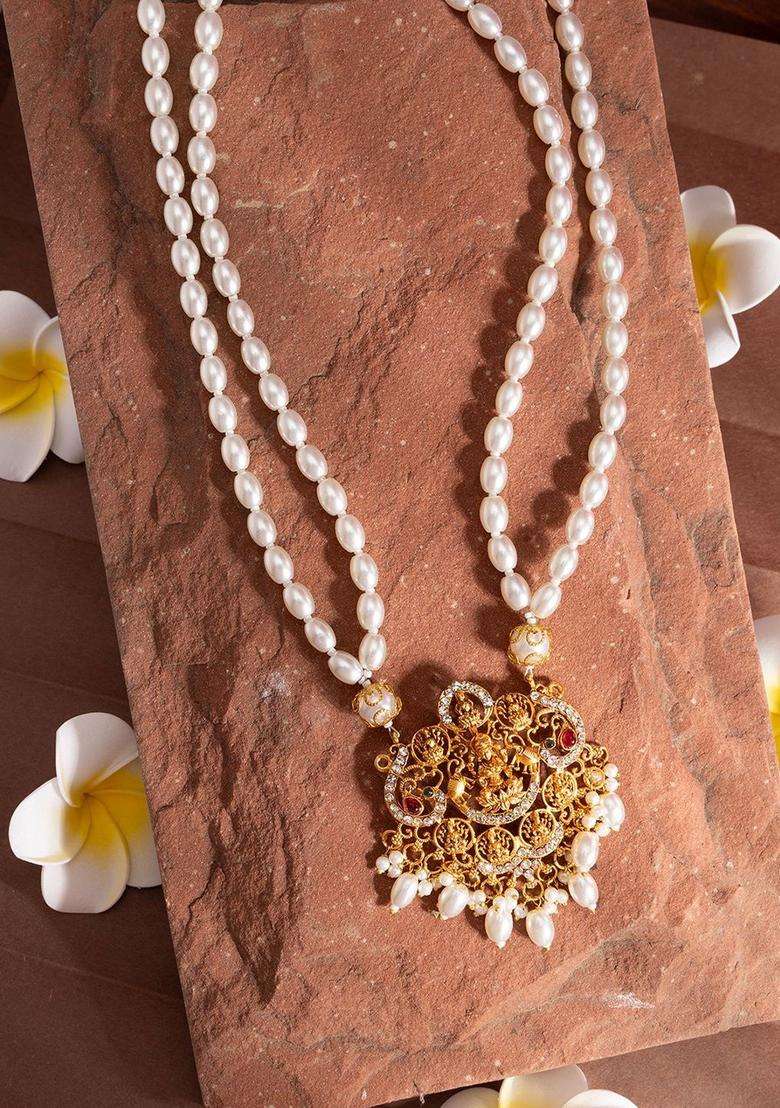 18k Gold-Plated Artificial Stones Studded & Pearls Beaded Temple Statement Necklace for Women | Traditional Temple Jewellery for Wedding & Festive Wear | Gift for Her - Indya