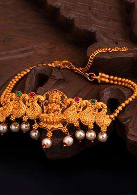 Gold-Plated Temple Goddess Laxmi Armlet Bracelet with Pearl for Women | Traditional Temple Jewellery for Wedding & Festive Wear | Gift for Her