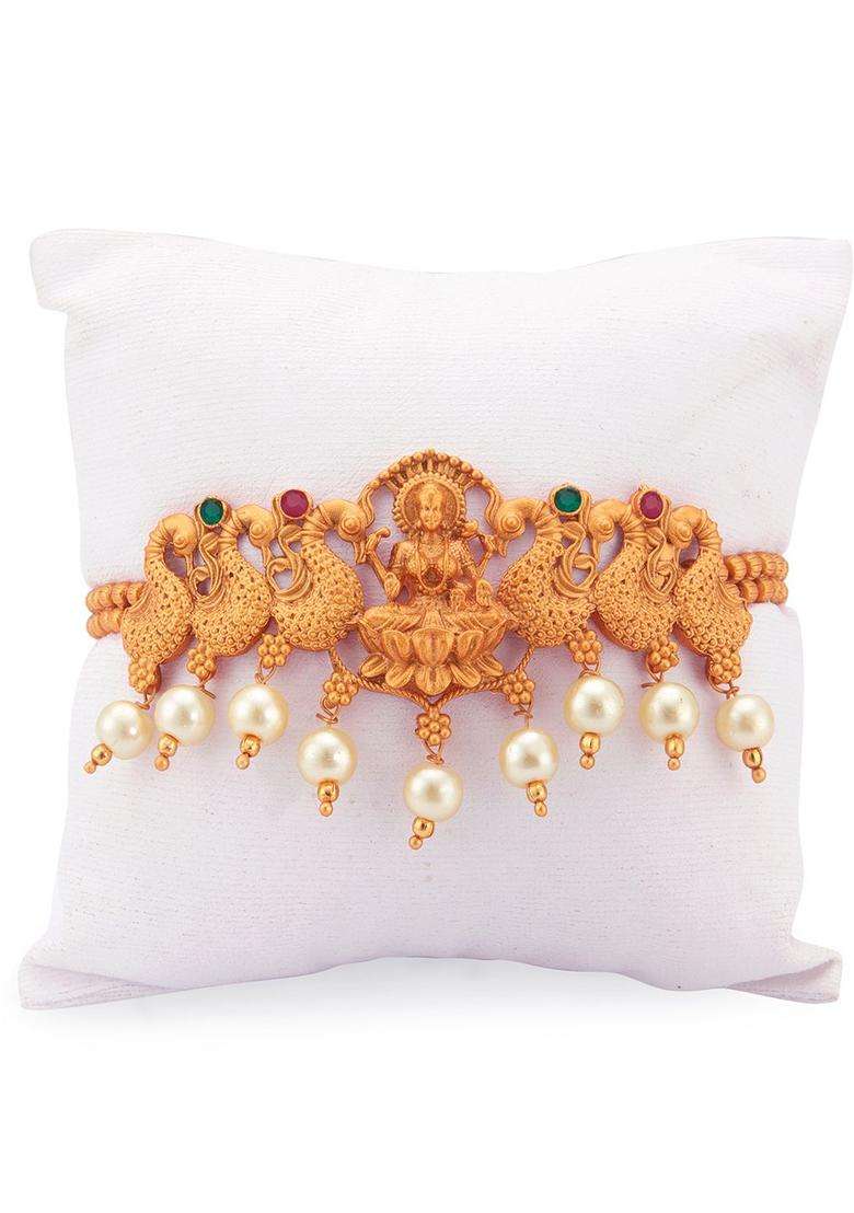 Gold-Plated Temple Goddess Laxmi Armlet Bracelet with Pearl for Women | Traditional Temple Jewellery for Wedding & Festive Wear | Gift for Her - Indya
