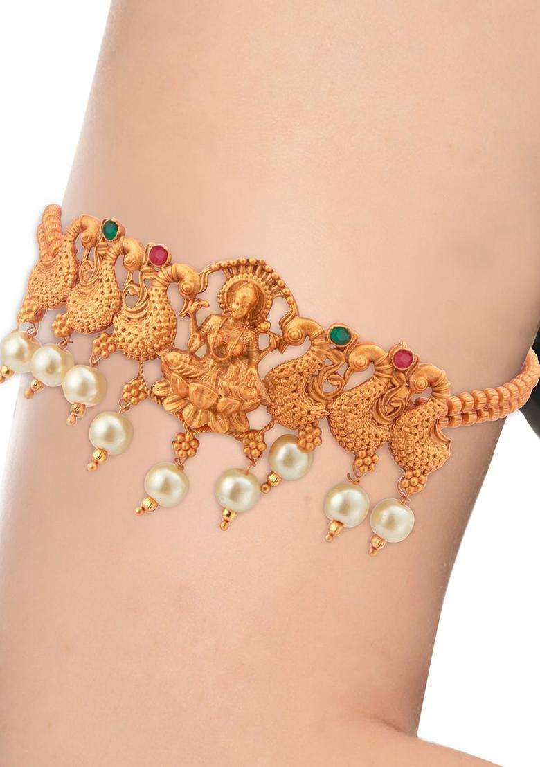 Gold-Plated Temple Goddess Laxmi Armlet Bracelet with Pearl for Women | Traditional Temple Jewellery for Wedding & Festive Wear | Gift for Her - Indya