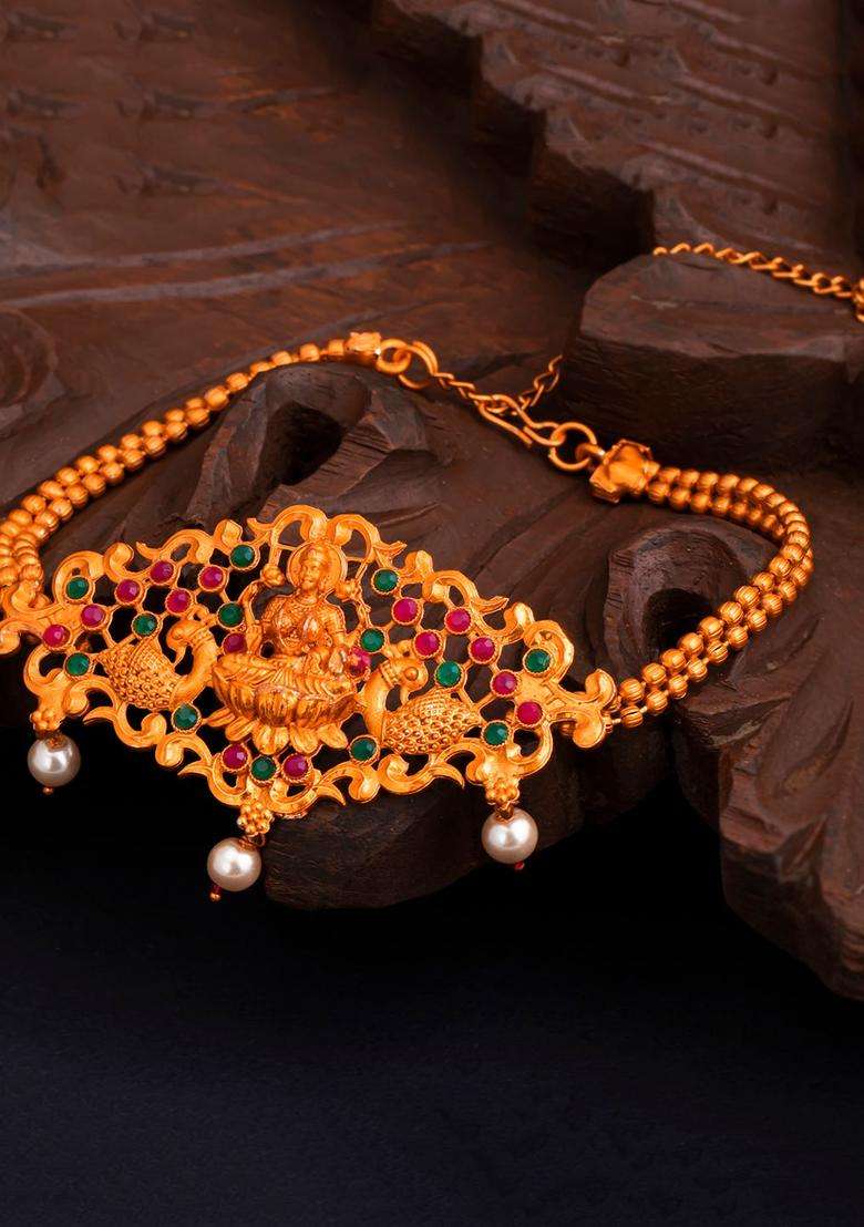 Pink Gold-Plated Temple Armlet Bracelet with Pearl for Women | Traditional Temple Jewellery for Wedding & Festive Wear | Gift for Her - Indya