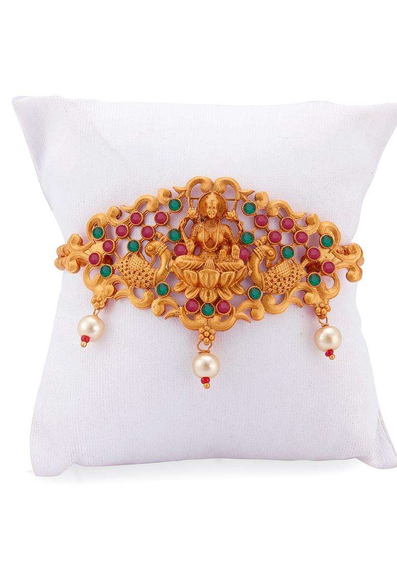 Pink Gold-Plated Temple Armlet Bracelet with Pearl for Women | Traditional Temple Jewellery for Wedding & Festive Wear | Gift for Her - Indya