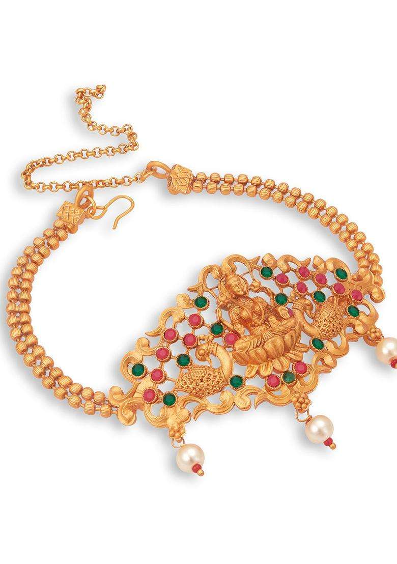 Pink Gold-Plated Temple Armlet Bracelet with Pearl for Women | Traditional Temple Jewellery for Wedding & Festive Wear | Gift for Her - Indya