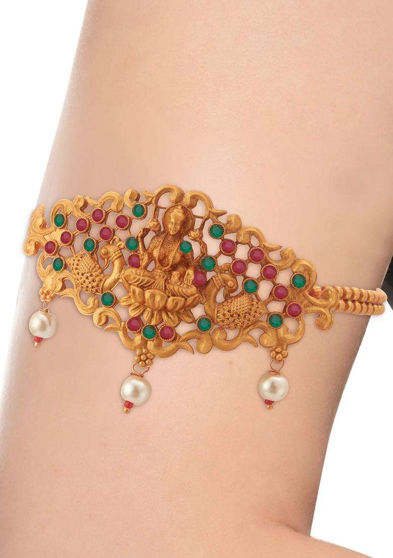 Pink Gold-Plated Temple Armlet Bracelet with Pearl for Women | Traditional Temple Jewellery for Wedding & Festive Wear | Gift for Her - Indya