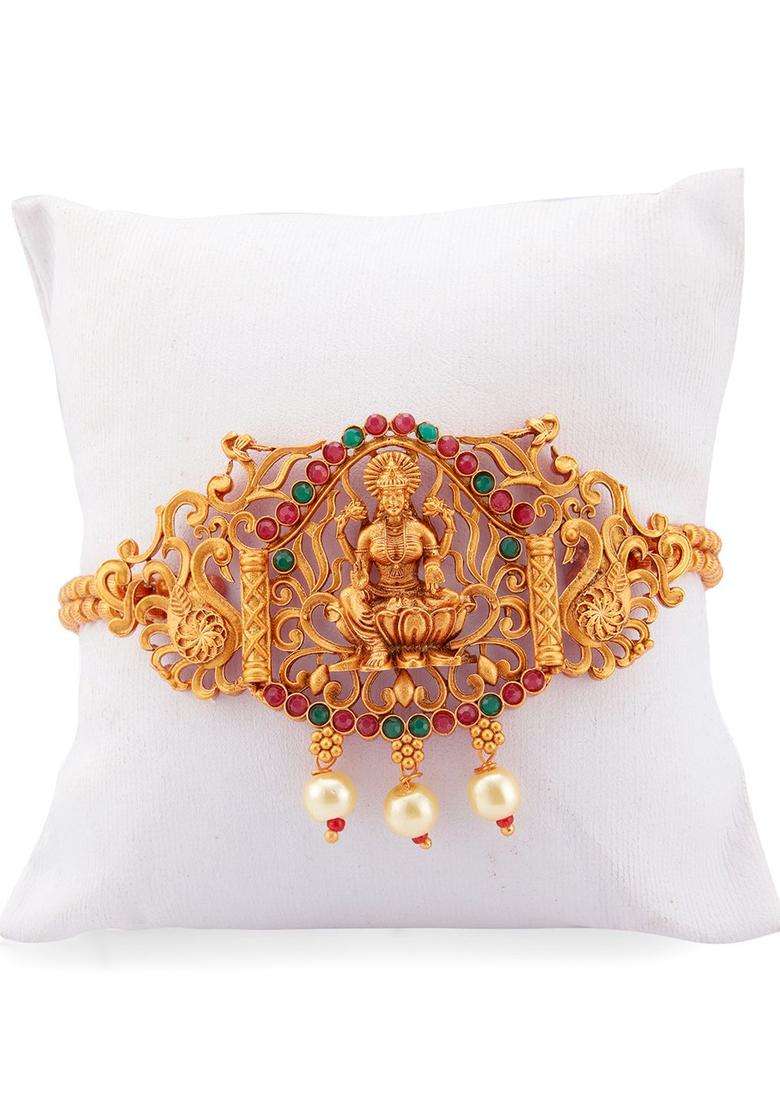 Gold-Plated Temple Armlet Bracelet with Pearl for Women | Traditional Temple Jewellery for Wedding & Festive Wear | Gift for Her - Indya