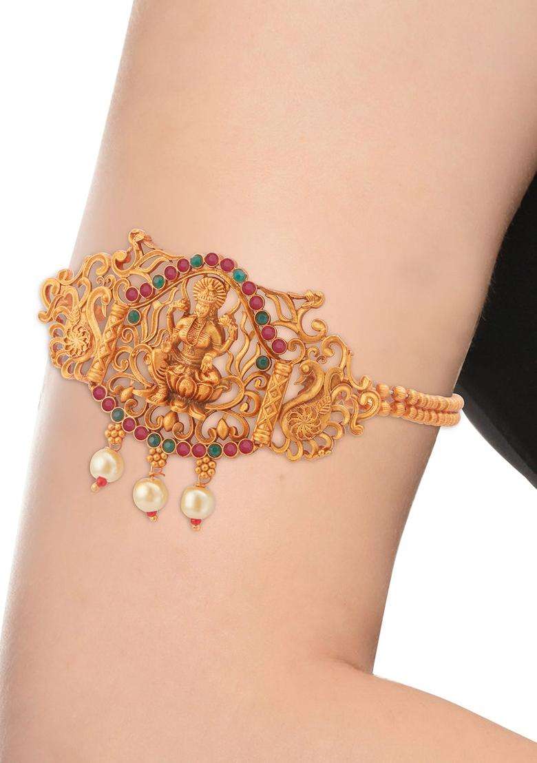 Gold-Plated Temple Armlet Bracelet with Pearl for Women | Traditional Temple Jewellery for Wedding & Festive Wear | Gift for Her - Indya