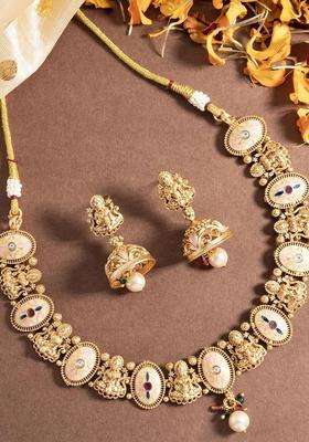 Gold-Plated Stones Studded & Beaded Laxmi Design Meenakri Work Choker Jewellery Set for Women | Traditional Temple Jewellery for Wedding & Festive Wear | Gift for Her