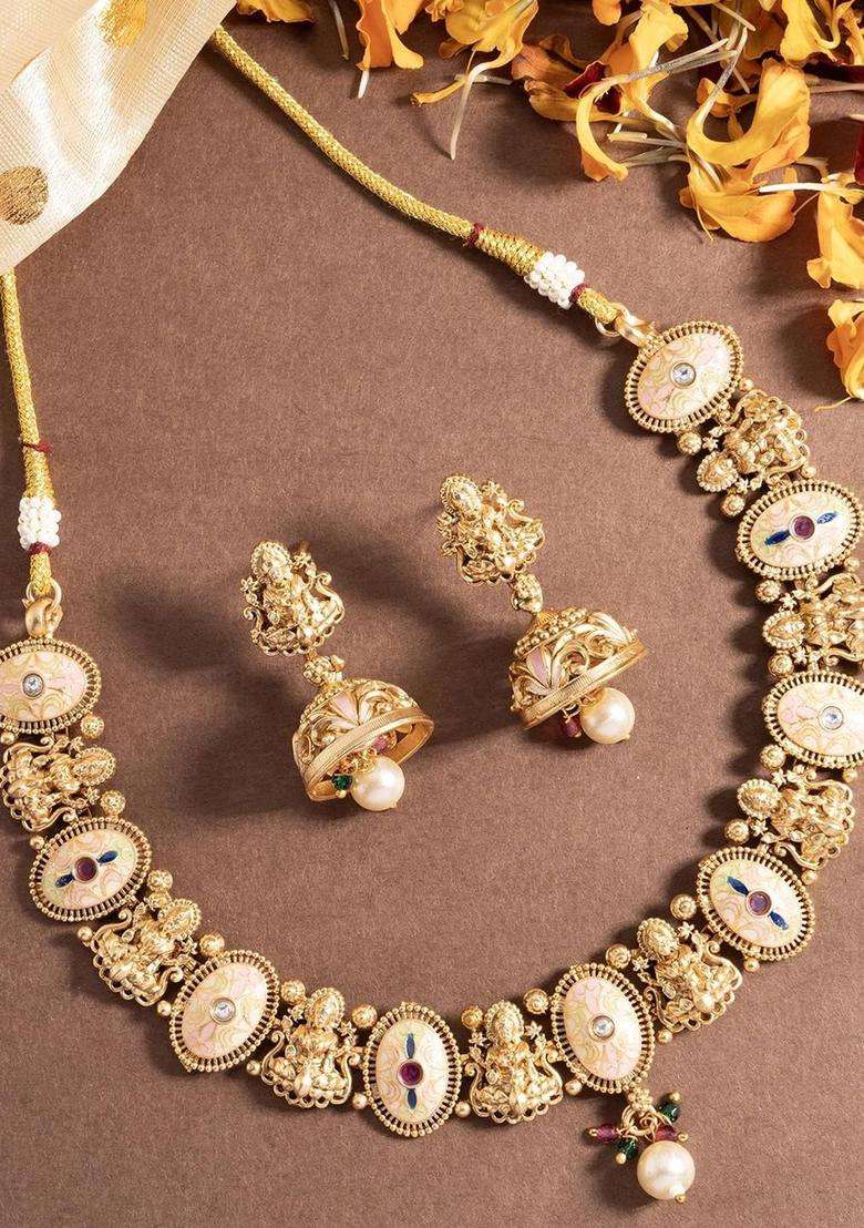 Gold-Plated Stones Studded & Beaded Laxmi Design Meenakri Work Choker Jewellery Set for Women | Traditional Temple Jewellery for Wedding & Festive Wear | Gift for Her - Indya