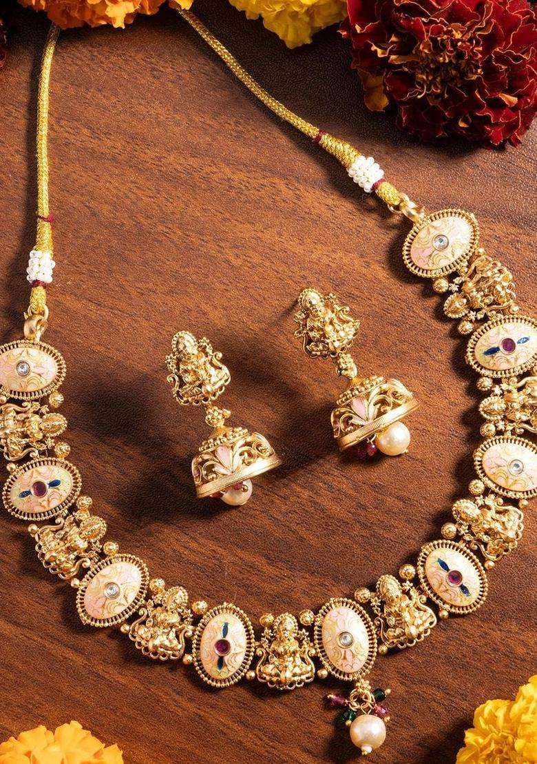 Gold-Plated Stones Studded & Beaded Laxmi Design Meenakri Work Choker Jewellery Set for Women | Traditional Temple Jewellery for Wedding & Festive Wear | Gift for Her - Indya