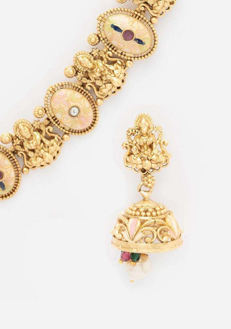 Gold-Plated Stones Studded & Beaded Laxmi Design Meenakri Work Choker Jewellery Set for Women | Traditional Temple Jewellery for Wedding & Festive Wear | Gift for Her - Indya
