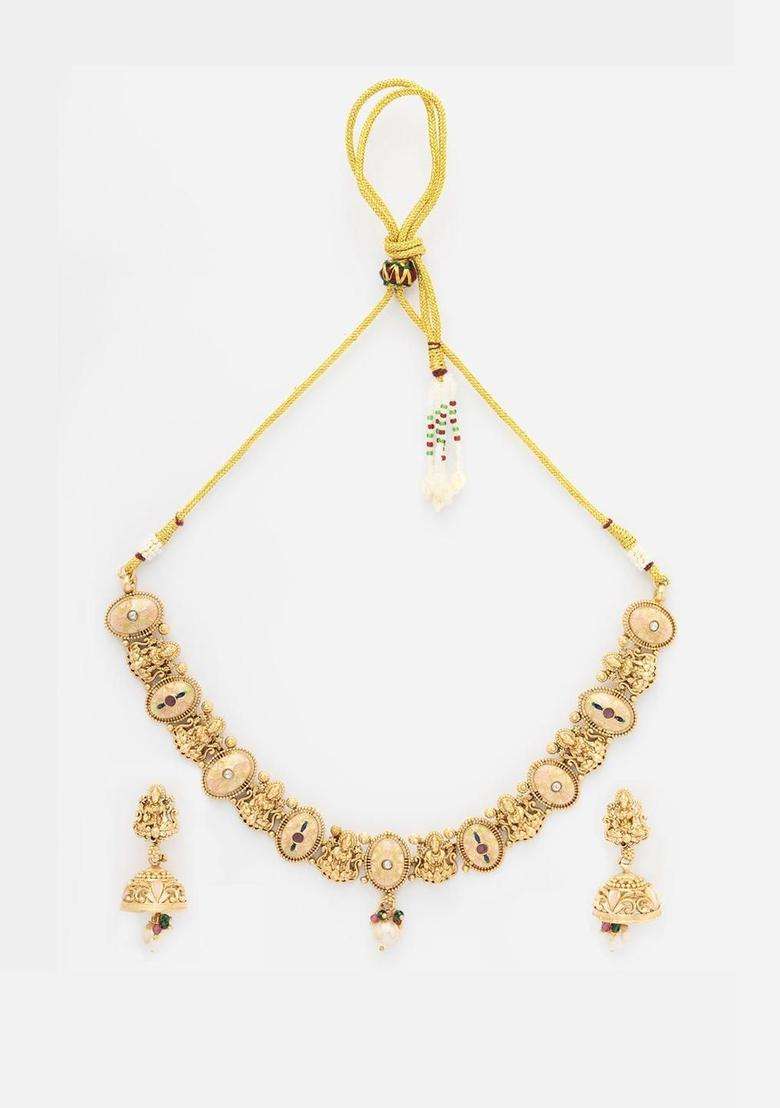 Gold-Plated Stones Studded & Beaded Laxmi Design Meenakri Work Choker Jewellery Set for Women | Traditional Temple Jewellery for Wedding & Festive Wear | Gift for Her - Indya