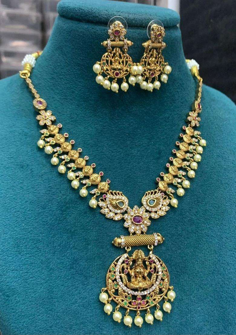 Gold-Plated Temple Necklace and Earrings with Pearl for Women | Traditional Temple Jewellery for Wedding & Festive Wear | Gift for Her - Indya