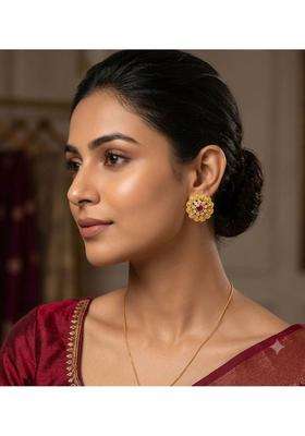 Gold-Plated Floral Studs Earrings with American Diamond for Women | Traditional Temple Jewellery for Wedding & Festive Wear | Gift for Her