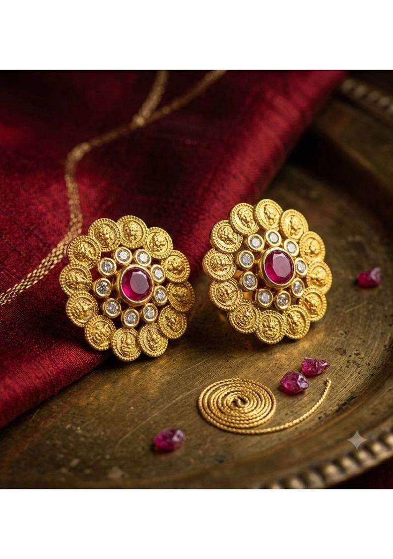 Gold-Plated Floral Studs Earrings with American Diamond for Women | Traditional Temple Jewellery for Wedding & Festive Wear | Gift for Her - Indya
