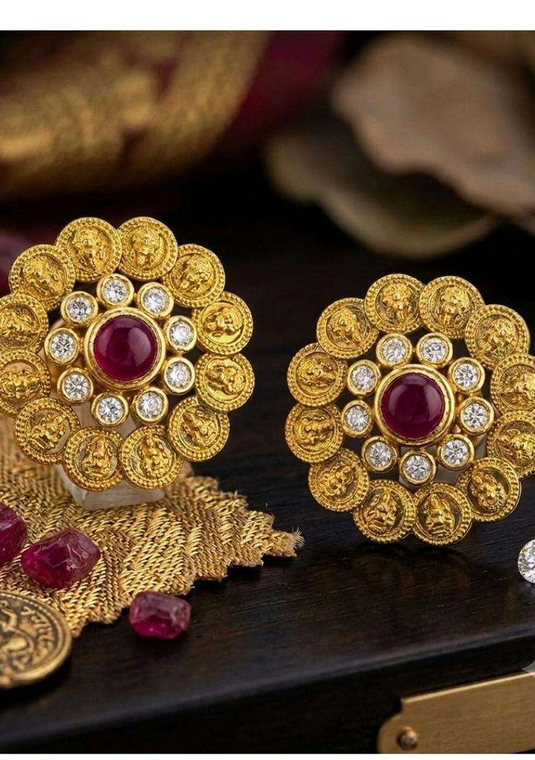 Gold-Plated Floral Studs Earrings with American Diamond for Women | Traditional Temple Jewellery for Wedding & Festive Wear | Gift for Her - Indya