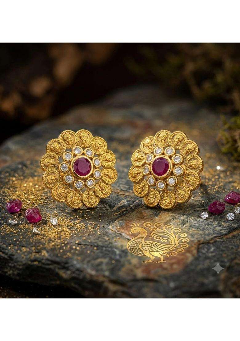 Gold-Plated Floral Studs Earrings with American Diamond for Women | Traditional Temple Jewellery for Wedding & Festive Wear | Gift for Her - Indya