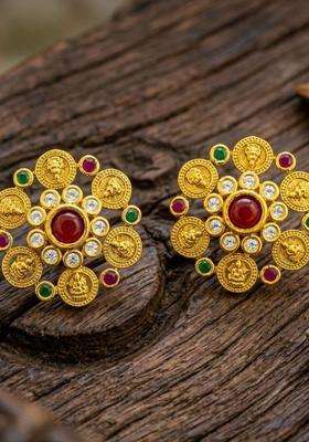 Gold-Plated Floral Studs Earrings with American Diamond for Women | Traditional Temple Jewellery for Wedding & Festive Wear | Gift for Her
