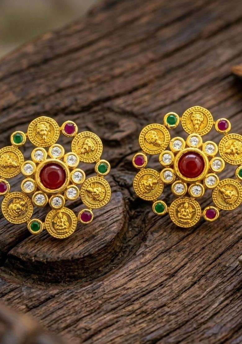 Gold-Plated Floral Studs Earrings with American Diamond for Women | Traditional Temple Jewellery for Wedding & Festive Wear | Gift for Her - Indya
