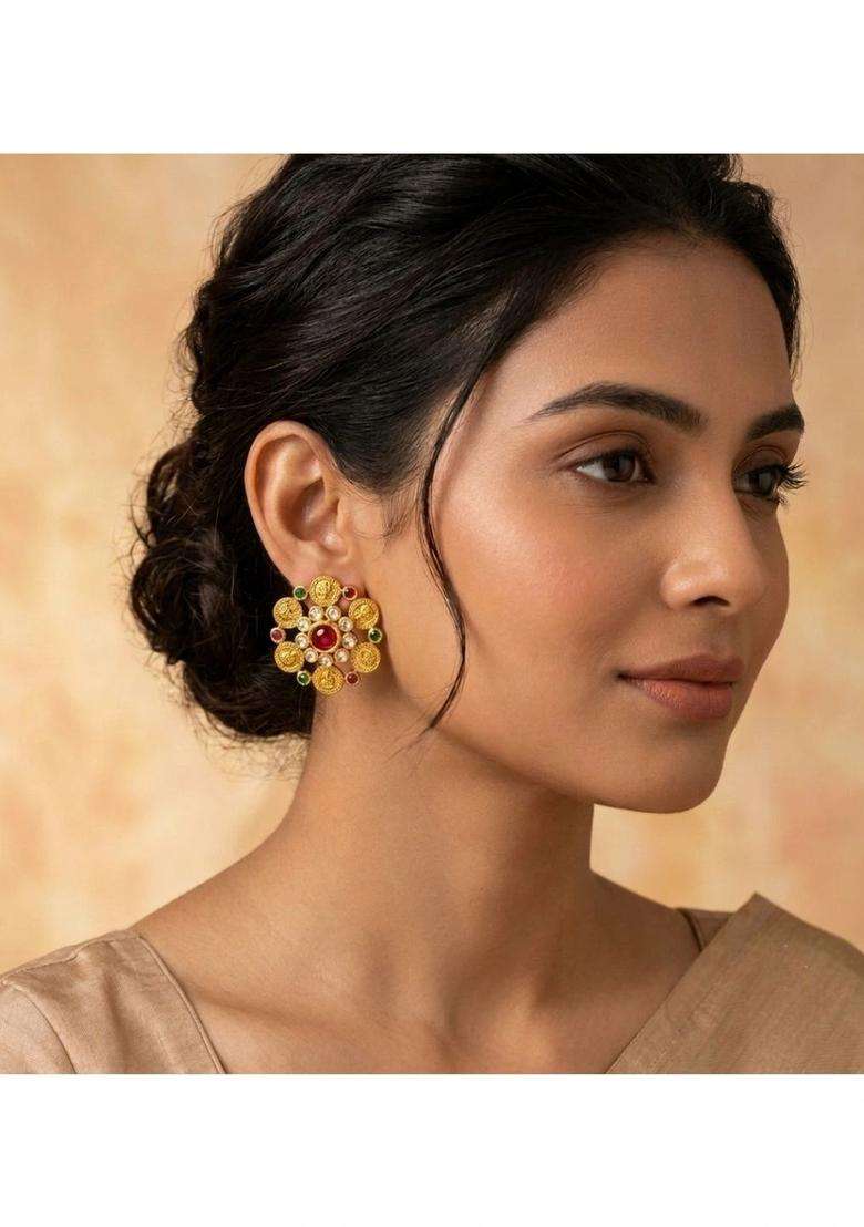 Gold-Plated Floral Studs Earrings with American Diamond for Women | Traditional Temple Jewellery for Wedding & Festive Wear | Gift for Her - Indya