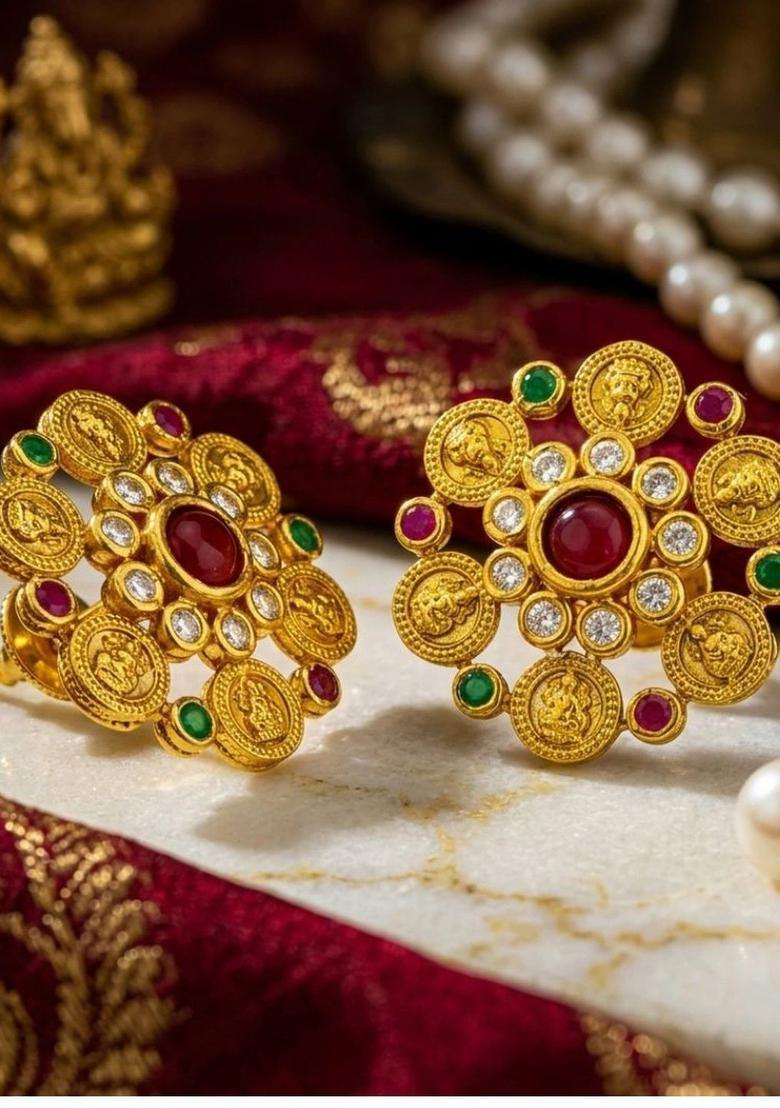 Gold-Plated Floral Studs Earrings with American Diamond for Women | Traditional Temple Jewellery for Wedding & Festive Wear | Gift for Her - Indya
