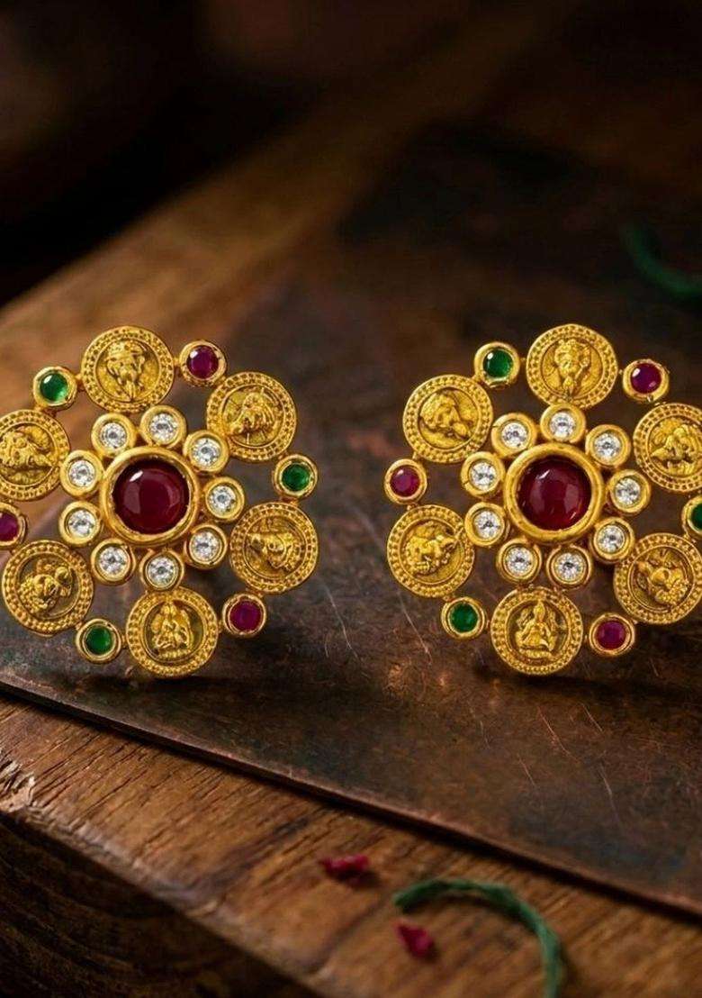 Gold-Plated Floral Studs Earrings with American Diamond for Women | Traditional Temple Jewellery for Wedding & Festive Wear | Gift for Her - Indya