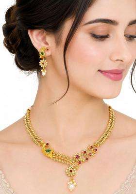 Gold-Plated Temple Stone-Studded Necklace and Earrings for Women | Traditional Temple Jewellery for Wedding & Festive Wear | Gift for Her