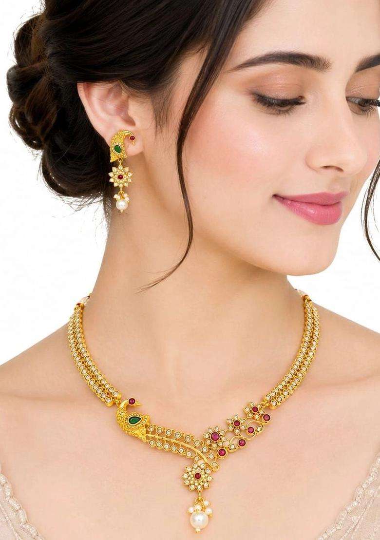 Gold-Plated Temple Stone-Studded Necklace and Earrings for Women | Traditional Temple Jewellery for Wedding & Festive Wear | Gift for Her - Indya