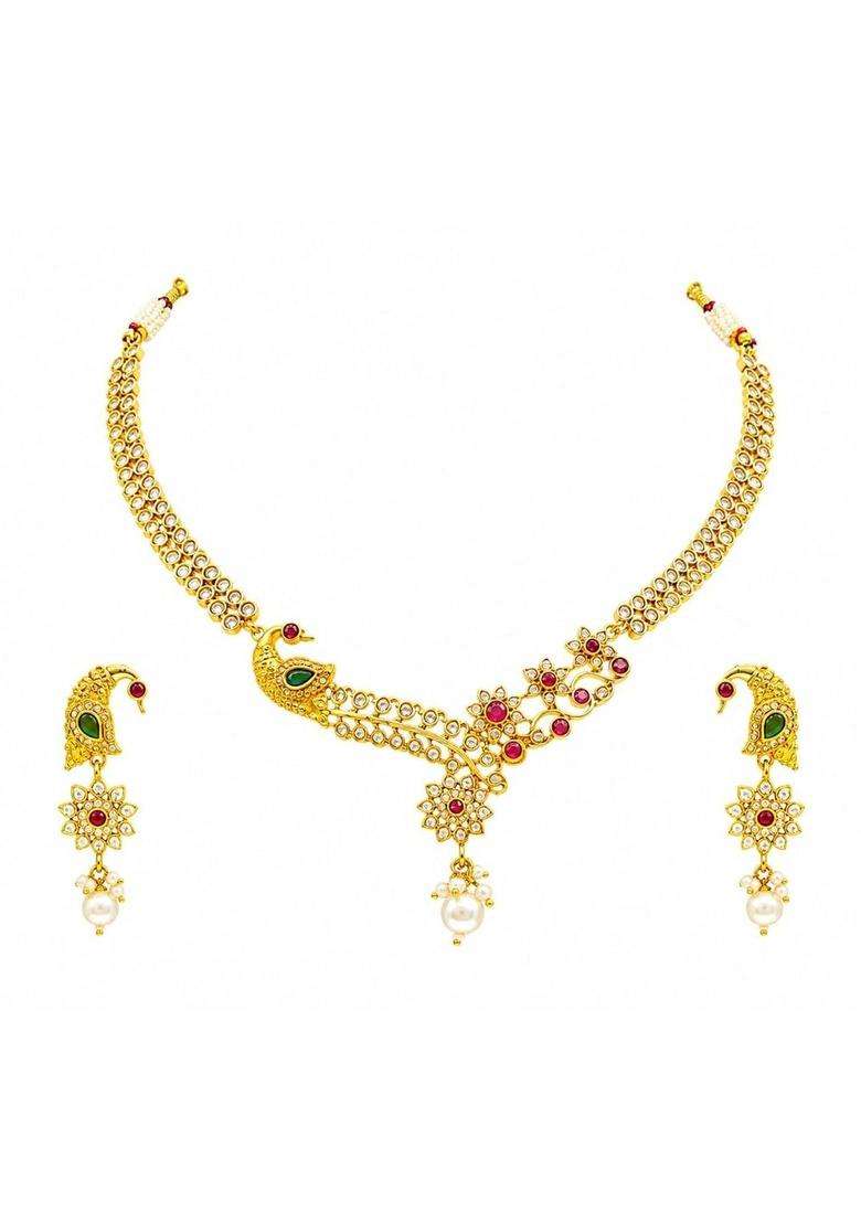 Gold-Plated Temple Stone-Studded Necklace and Earrings for Women | Traditional Temple Jewellery for Wedding & Festive Wear | Gift for Her - Indya