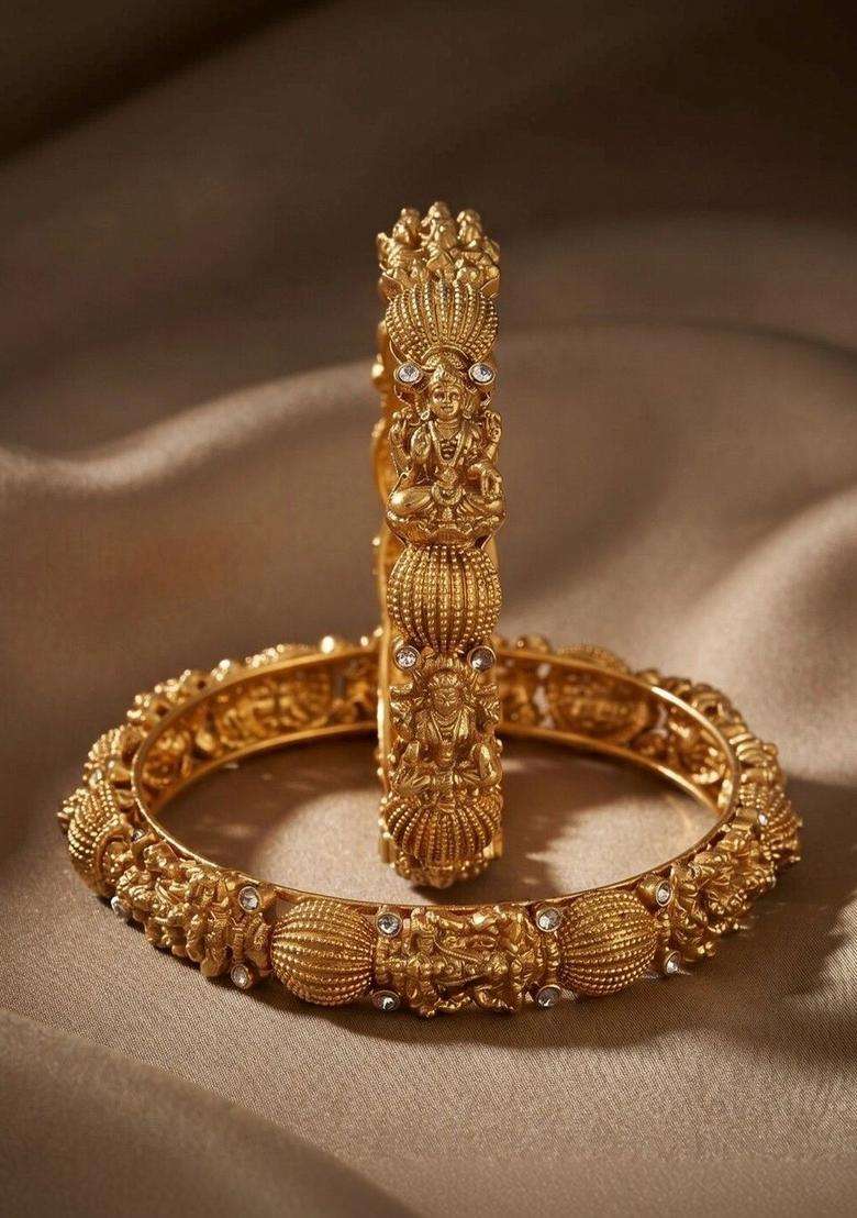 Set of 2 Gold-Plated Temple Stone Studded & Beaded Bangles for Women | Traditional Temple Jewellery for Wedding & Festive Wear | Gift for Her - Indya