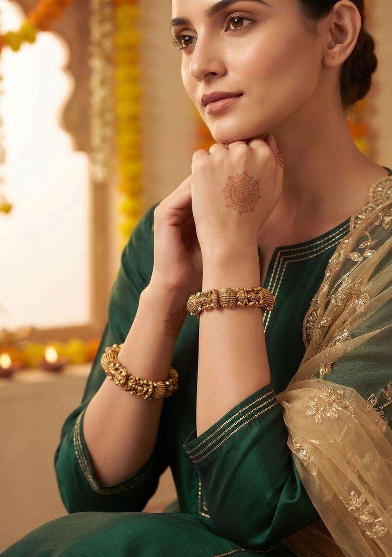 Set of 2 Gold-Plated Temple Stone Studded & Beaded Bangles for Women | Traditional Temple Jewellery for Wedding & Festive Wear | Gift for Her - Indya