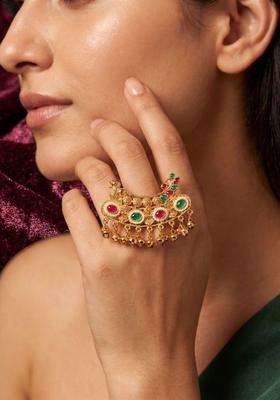 Gold-Plated Temple Beaded Finger Ring for Women | Traditional Temple Jewellery for Wedding & Festive Wear | Gift for Her