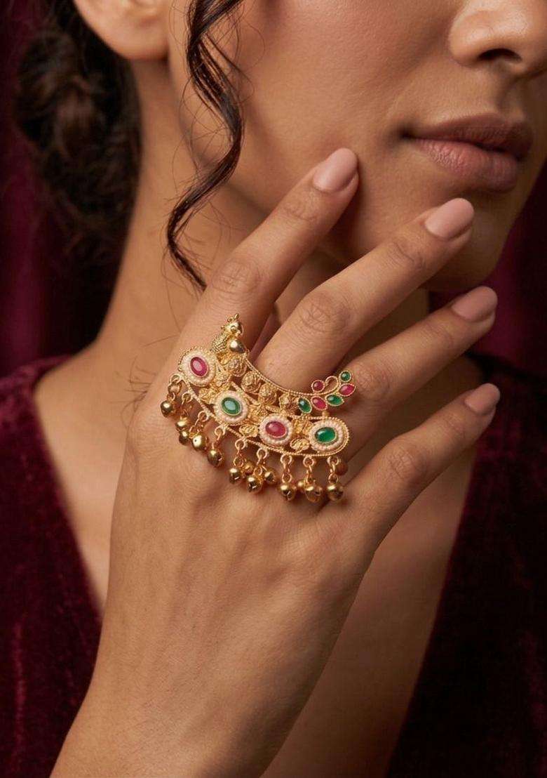 Gold-Plated Temple Beaded Finger Ring for Women | Traditional Temple Jewellery for Wedding & Festive Wear | Gift for Her - Indya