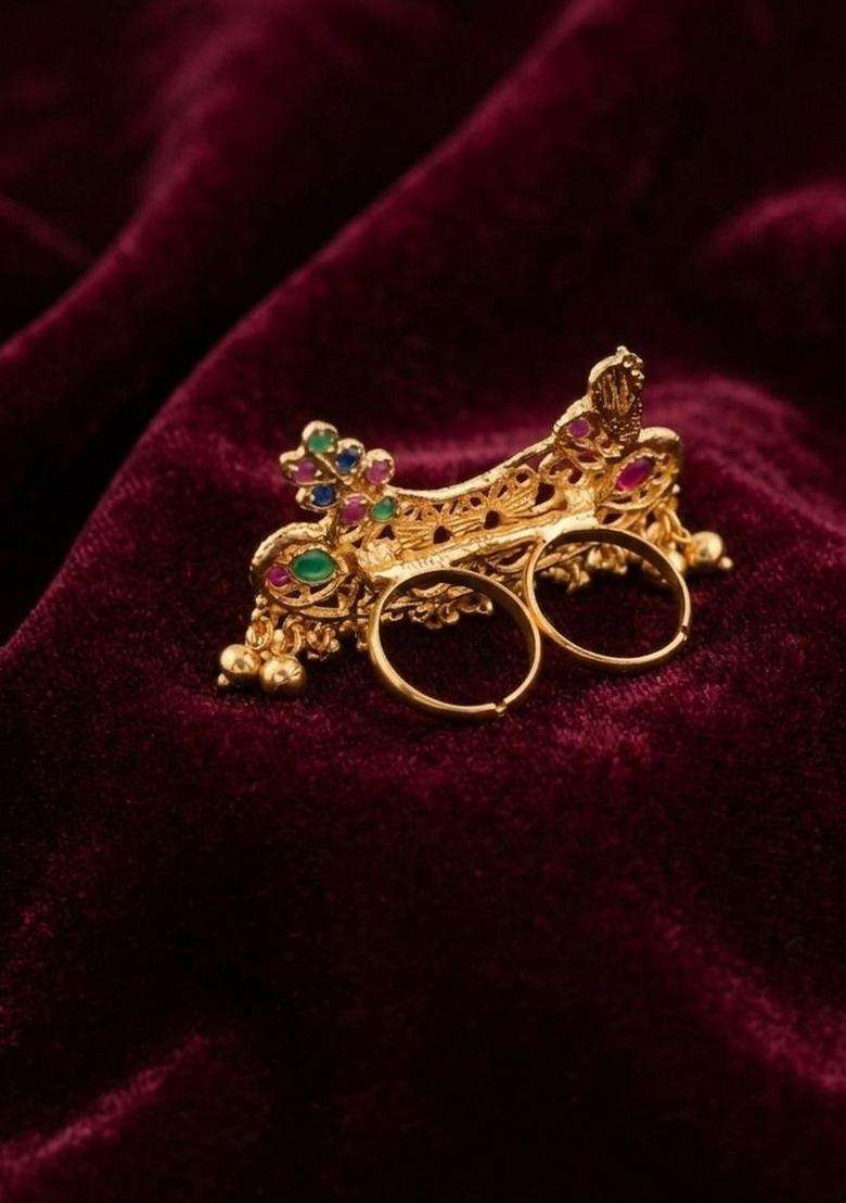 Gold-Plated Temple Beaded Finger Ring for Women | Traditional Temple Jewellery for Wedding & Festive Wear | Gift for Her - Indya