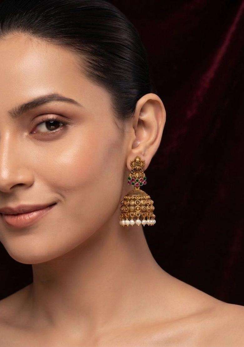 Gold-Plated Circular Jhumkas Earrings for Women | Traditional Temple Jewellery for Wedding & Festive Wear | Gift for Her - Indya