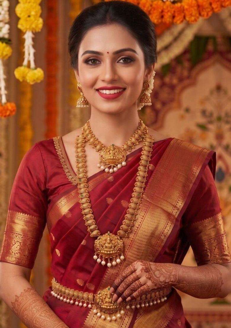 Gold-Plated Artificial Stones Studded & Pearls Beaded Temple Necklace and Earrings for Women | Traditional Temple Jewellery for Wedding & Festive Wear | Gift for Her - Indya