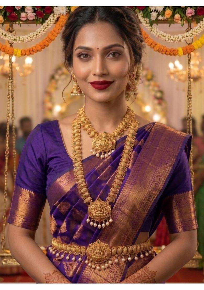 Gold-Plated Artificial Stones Studded & Pearls Beaded Temple Necklace and Earrings for Women | Traditional Temple Jewellery for Wedding & Festive Wear | Gift for Her - Indya