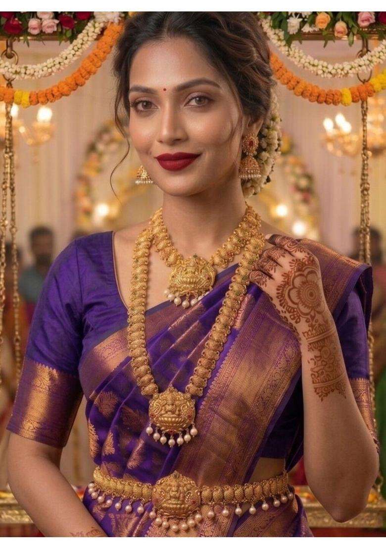 Gold-Plated Artificial Stones Studded & Pearls Beaded Temple Necklace and Earrings for Women | Traditional Temple Jewellery for Wedding & Festive Wear | Gift for Her - Indya