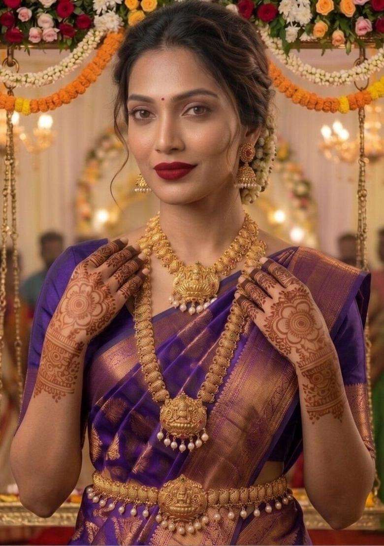 Gold-Plated Artificial Stones Studded & Pearls Beaded Temple Necklace and Earrings for Women | Traditional Temple Jewellery for Wedding & Festive Wear | Gift for Her - Indya