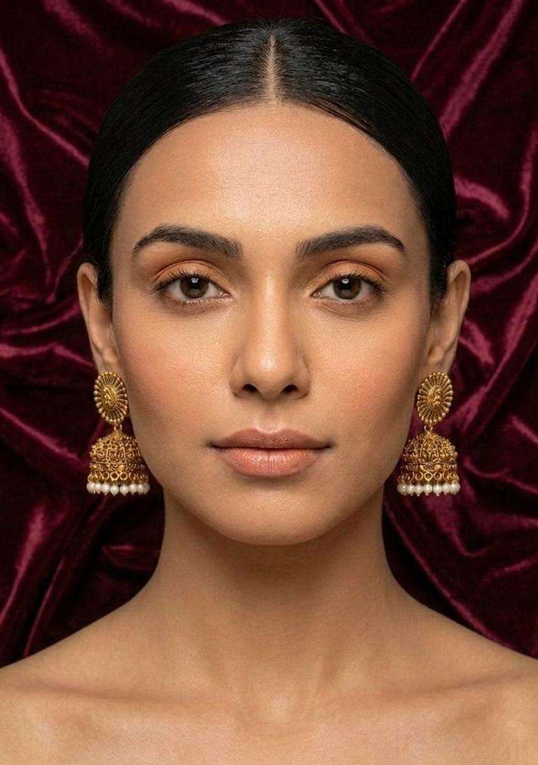 Gold-Plated Pearls Beaded Dome Shaped Temple Jhumkas for Women | Traditional Temple Jewellery for Wedding & Festive Wear | Gift for Her - Indya